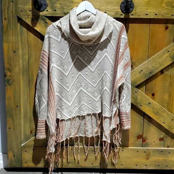 MYSTREE COWL FRINGE PULLOVER OVERSUZED SWEATER PONCHO COASTAL COWGIRL S/M - Picture 1 of 7